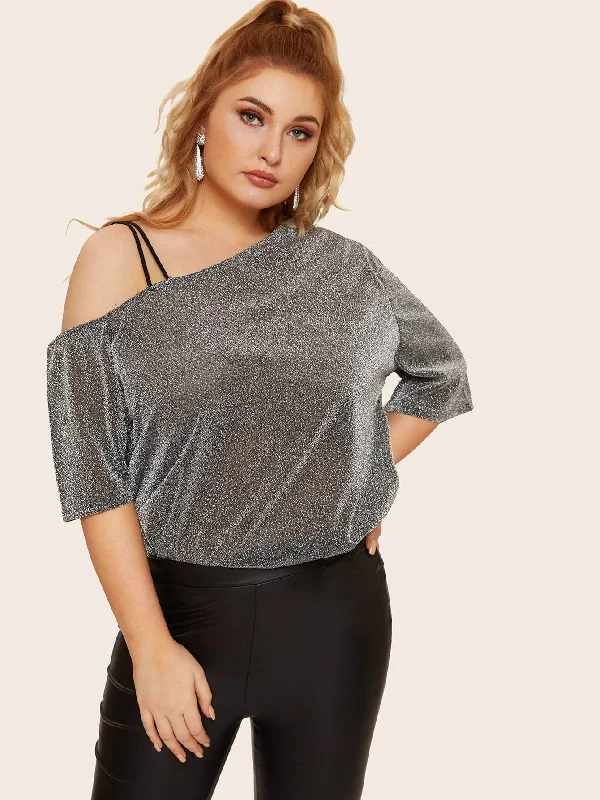 Plus Asymmetrical Neck Glitter Tee