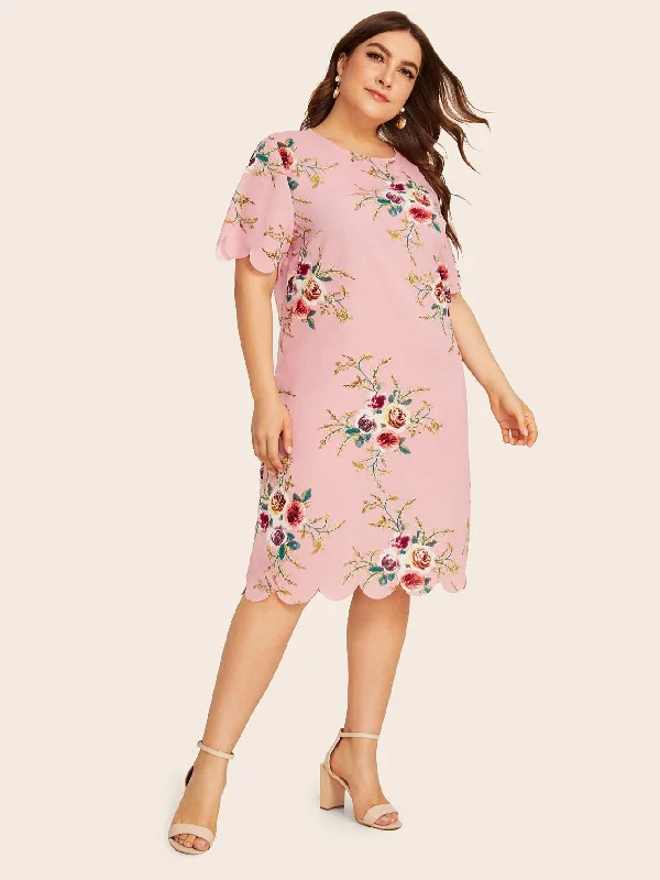 Plus Floral Print Scallop Trim Dress