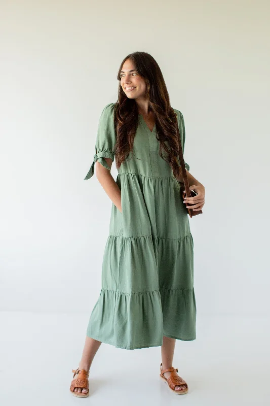 'Kaia' Tie Sleeve Tiered Lyocell Midi Dress in Dusty Green FINAL SALE