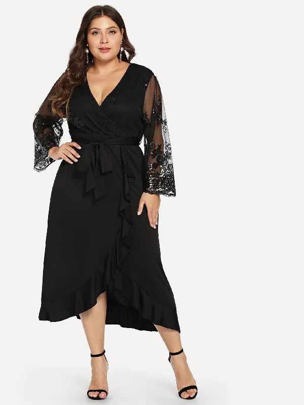 SHEIN Plus Mesh Sleeve Ruffle Trim Dress