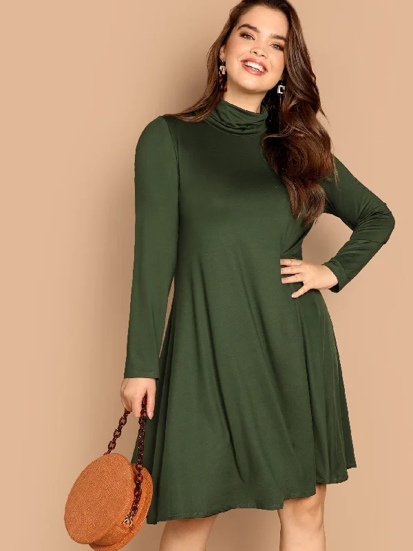  Plus Rolled Neck Swing Dress