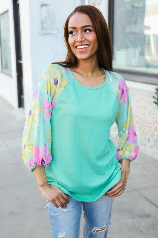 Mint Floral Sleeve Sweater