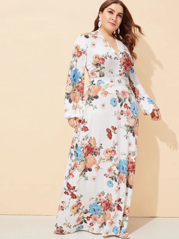 Plus Floral Print V-neck Dress