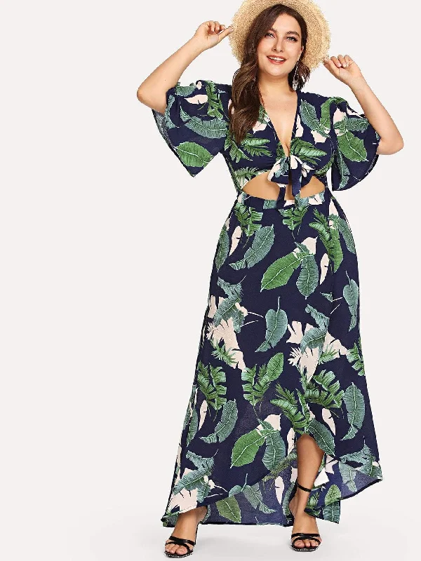 Plus Knot Front Cutout Midriff Tropical Dress