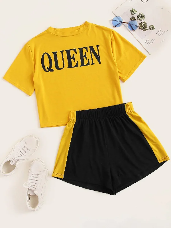 Plus Letter Print Tee With Shorts