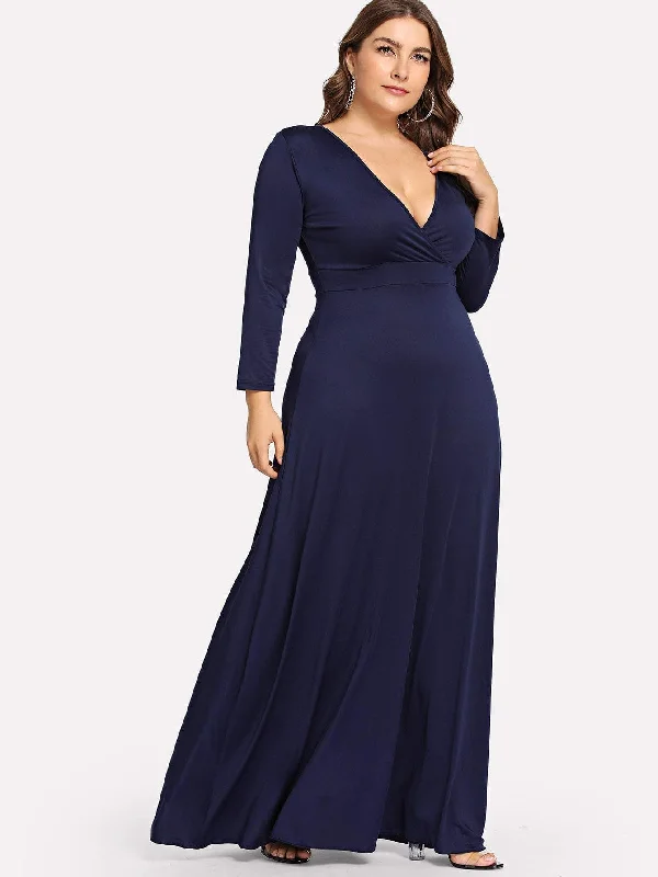 Plus Deep V Neck Plain Dress