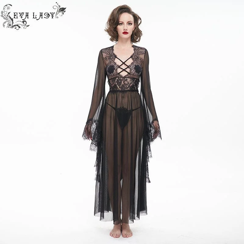 Women's Gothic Flare Sleeved Backless Sheer Sexy Nightgown