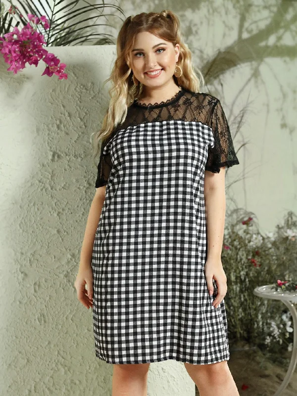 Plus Contrast Lace Gingham Midi Dress