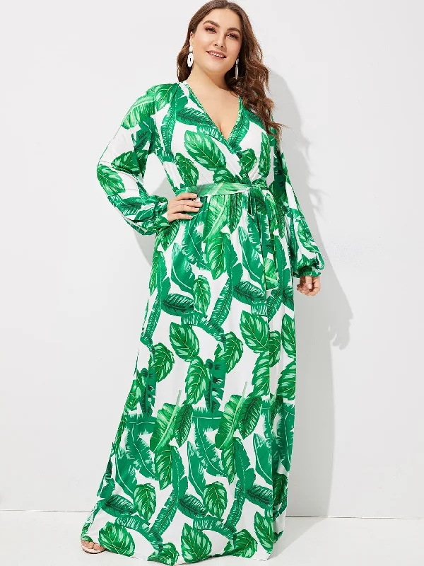 Plus Tropical Print V-neck Tie Waist Dress