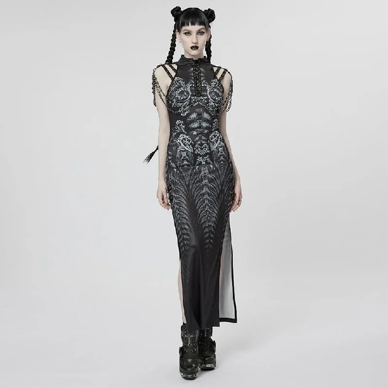 Women's Gothic Strappy Side Slit Dress with Chain