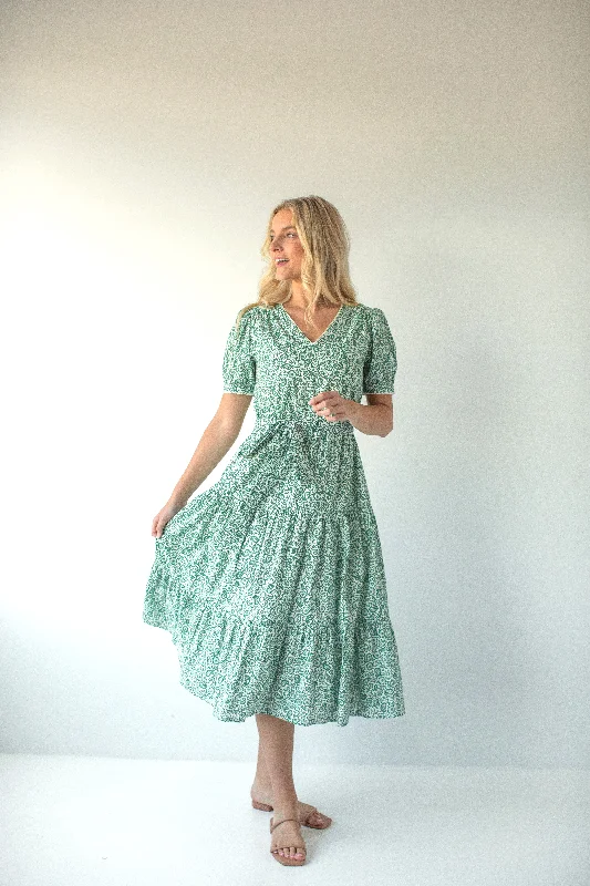 'Coretta' Green Paisley Tiered Cotton Midi Dress in Ivory FINAL SALE