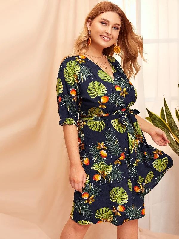 Plus Palm Tree Print Wrap Self Tie Dress