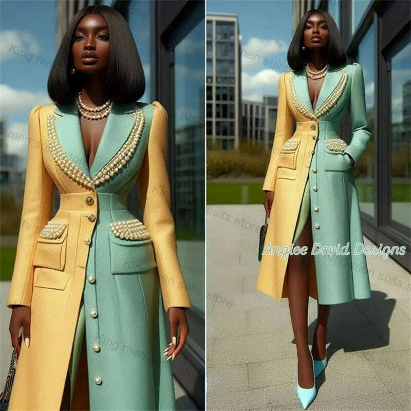 Luxury Pearls Women Suit Long Blazer Yellow Mint Cotton Overcoat Customized Formal Office Lady Wedding Prom Dress Jacket Coat