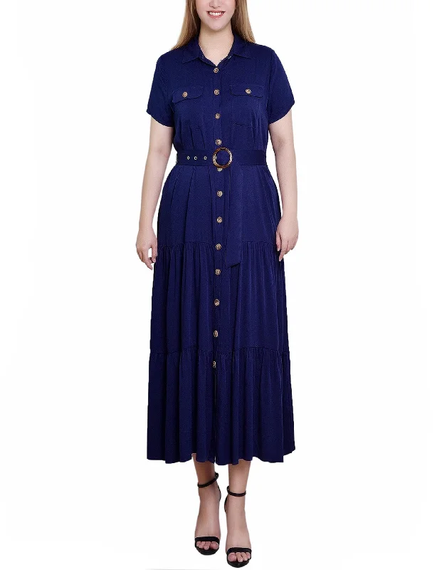 Short Sleeve Midi Twill Dress