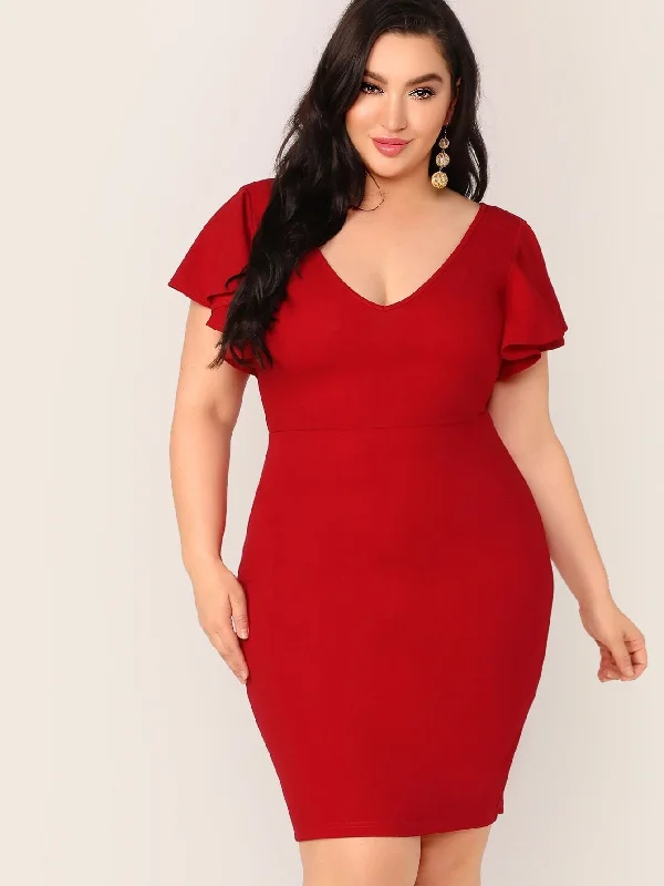  Plus Zip Back Ruffle Trim Bodycon Dress