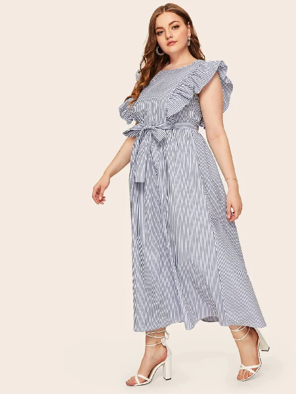 Plus Ruffle Armhole Striped Maxi Dress