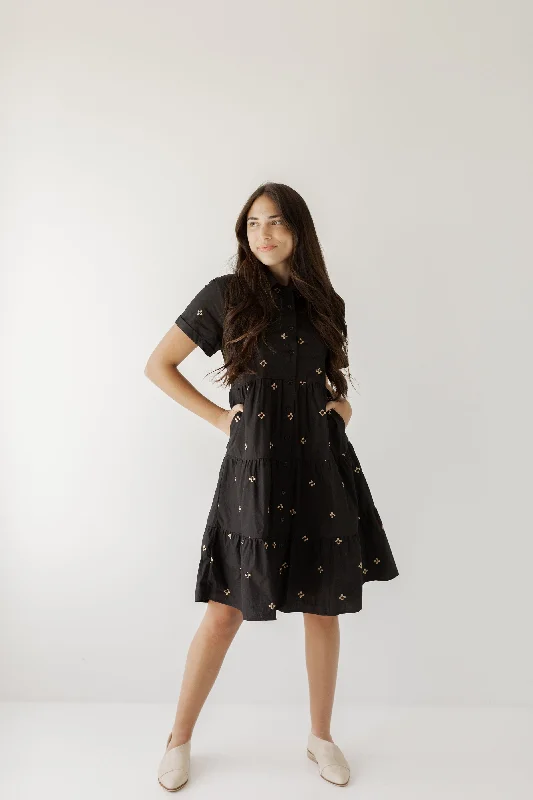 'Marissa' Embroidered Tiered Cotton Blend Shirtdress in Black FINAL SALE