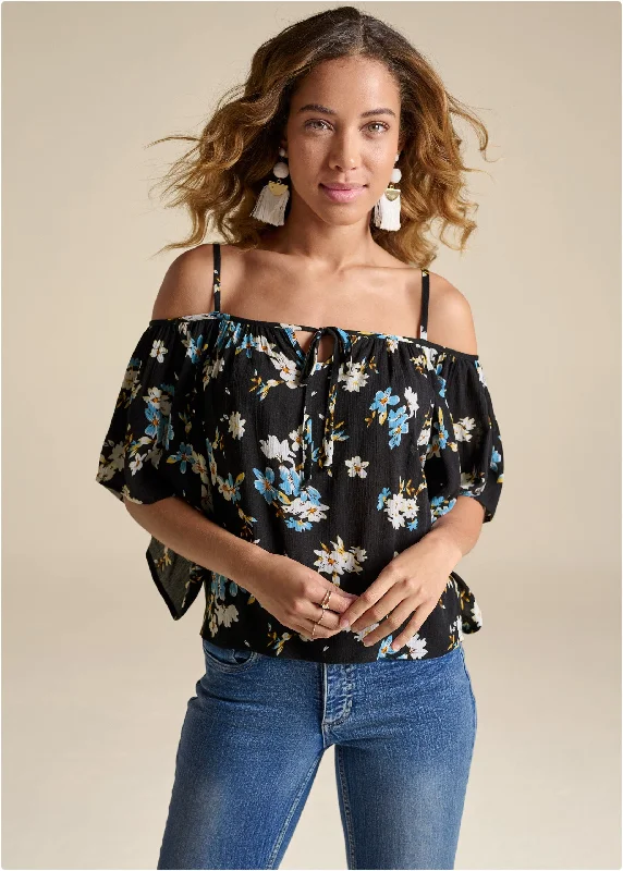 Cold Shoulder Top  - Black Multi