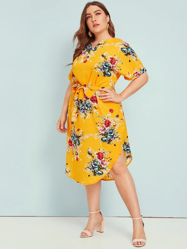 Plus Floral Print Notched Belted Curved Hem Midi Dress