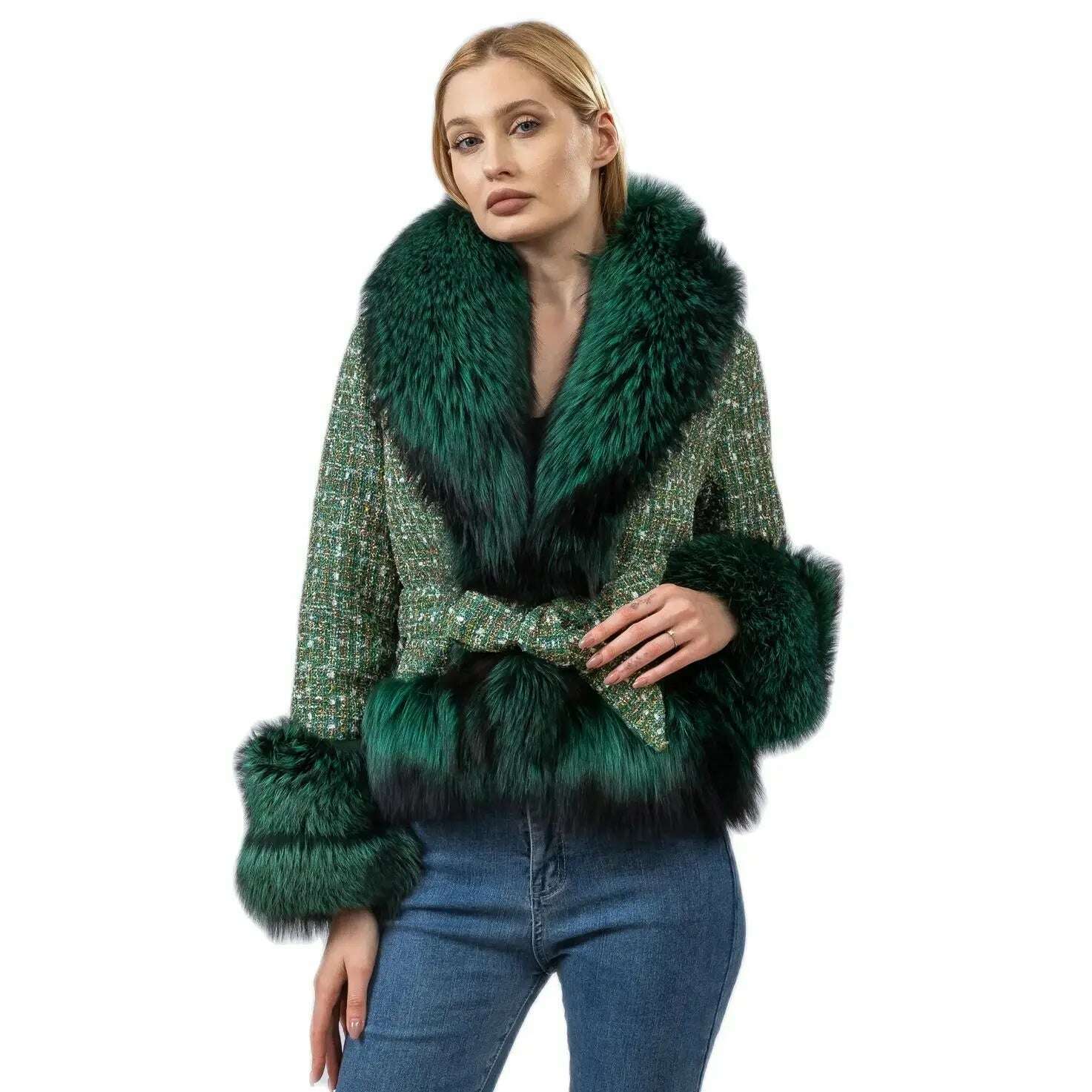 Short Coat with Real Fox Fur Collar for Women, Big Woolen Coat, Big Cuffs, Front Belt, Green Color, Autumn and Winter Fashion