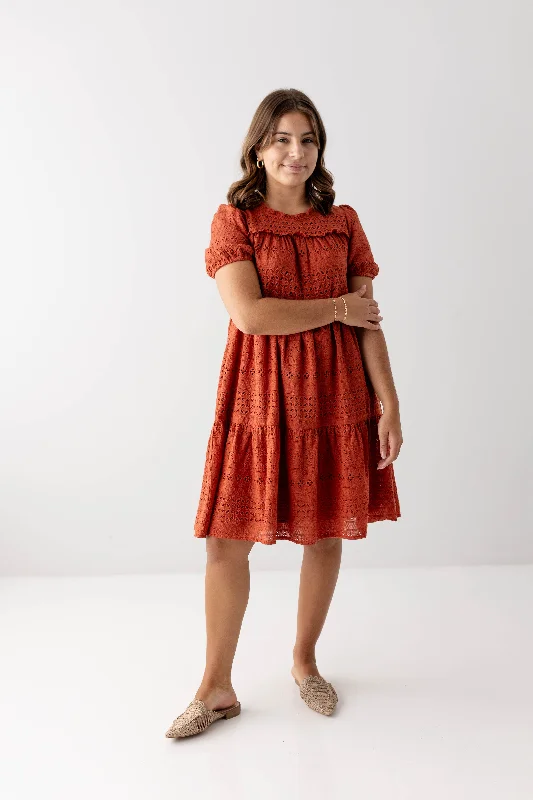 'Simone' Eyelet Tiered Midi Dress in Rust FINAL SALE