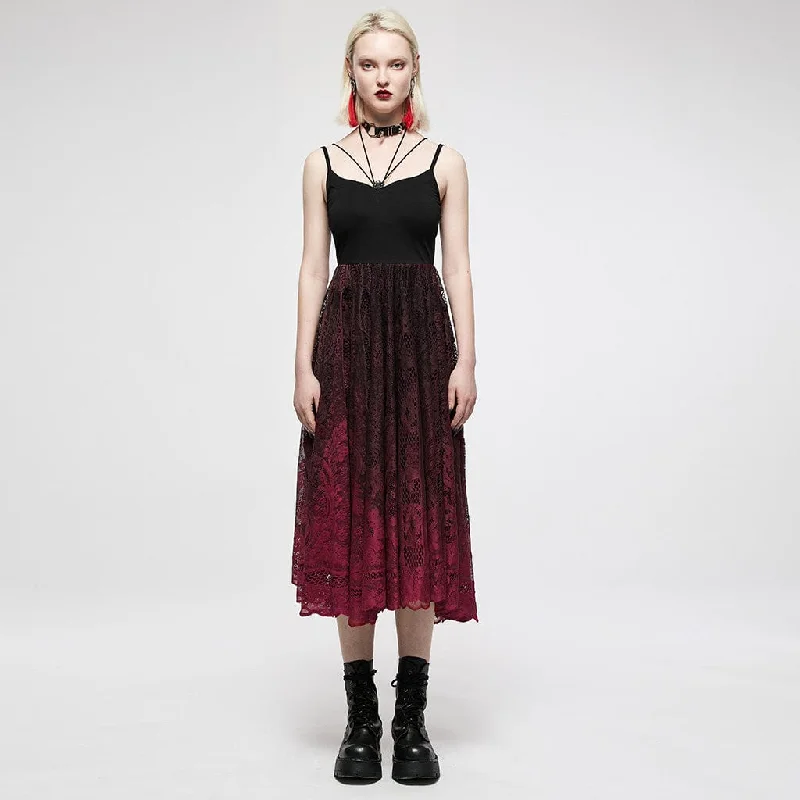 Women's Gothic Red Gradient Floral Lace Slip Dress