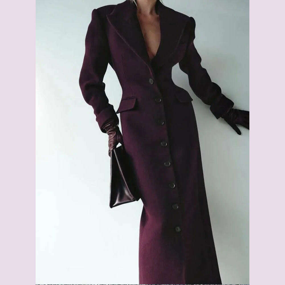 Elegant Wine Red Waist Up Wool Blend Long Jacket Women Chic Lapel Collar Single Breast Overcoat 2025 Autumn Lady High Streetwear