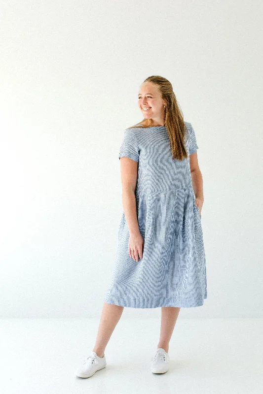 'Brigitte' 100% Linen Striped Midi Dress in Blue FINAL SALE