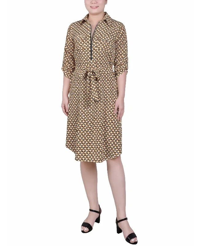 3/4 Roll Tab Zip Front Shirtdress