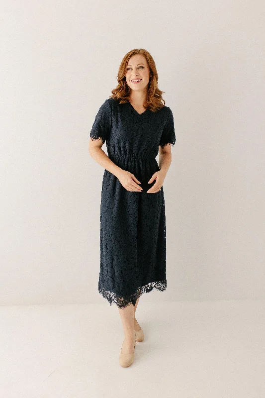 'Odessa' Lace Tea Length Dress in Navy FINAL SALE