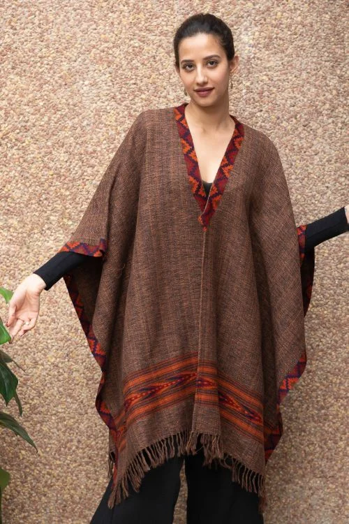 TICH Fine, Soft Himachal Wool Poncho Wrap With Woven Kinnauri Border - Browns