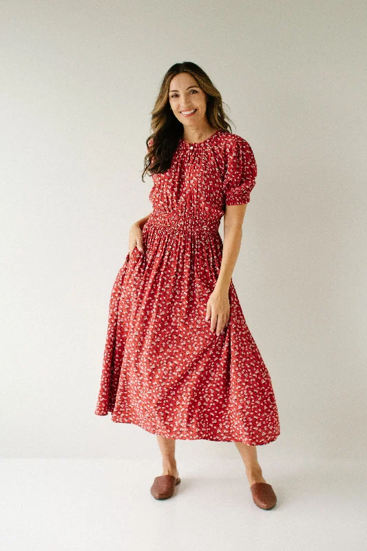 'Allessandra' Ditsy Floral A-Line Midi Dress in Dusty Red FINAL SALE