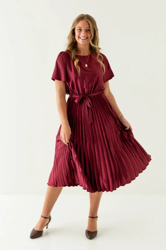 'Katiya' Satin Tie Waist Pleated Midi Dress FINAL SALE