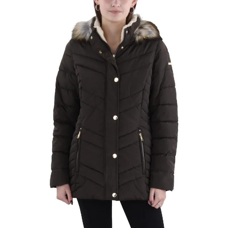 Womens Faux Fur Trim Hooded Puffer Jacket