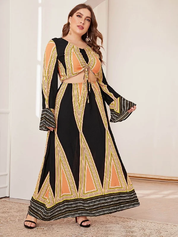 Plus Drawstring Front Geo Print Maxi Dress