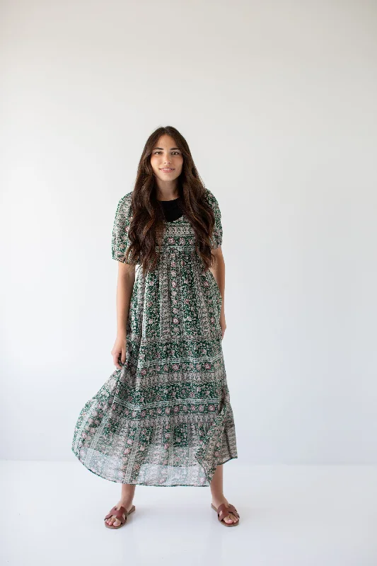 'Medora' Oriental Garden Maxi Dress in Deep Green FINAL SALE