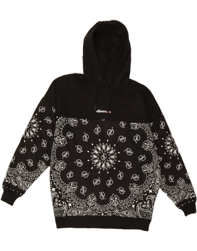 ELLESSE Womens Oversized Hoodie Jumper UK 6 XS Black Paisley Polyester