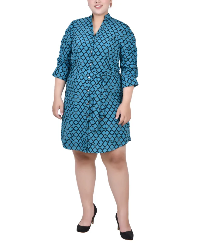 Plus Size 3/4 Rouched Sleeve Dress With Belt