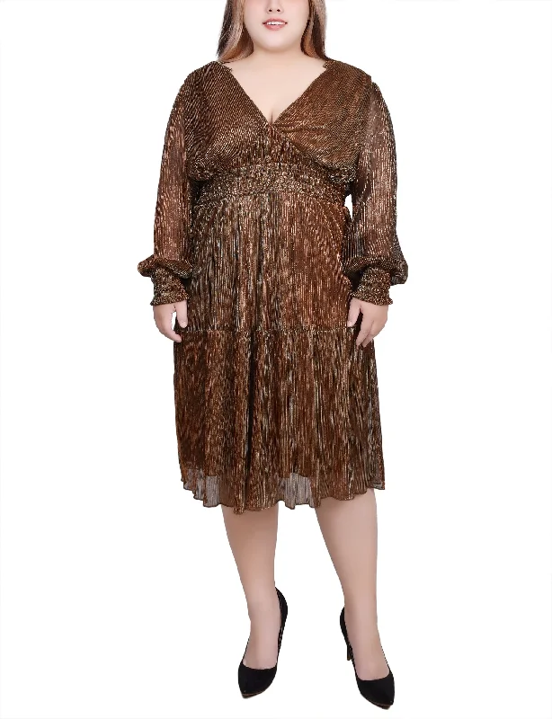 Plus Size Long Sleeve Plisse Mesh Dress