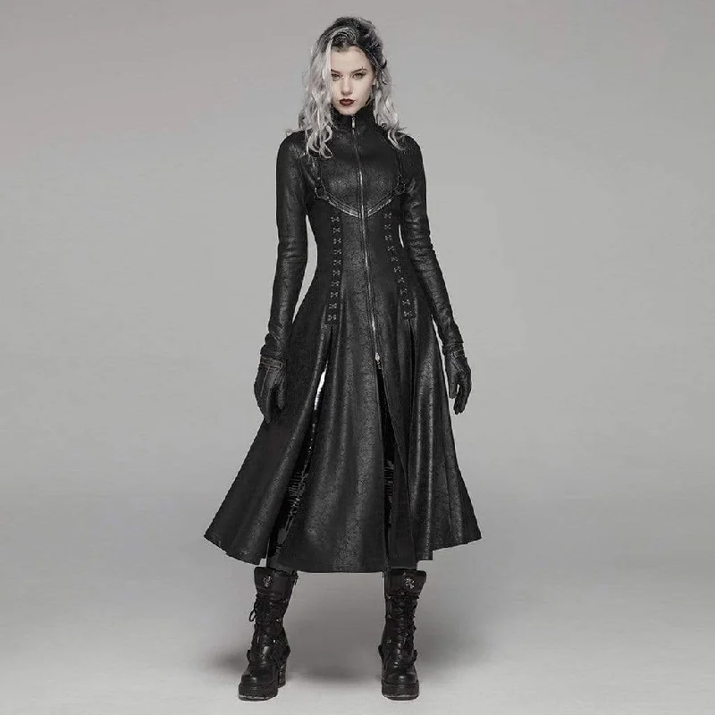 Women's Goth Front Zipper Stand Collar Maxi Overcoat