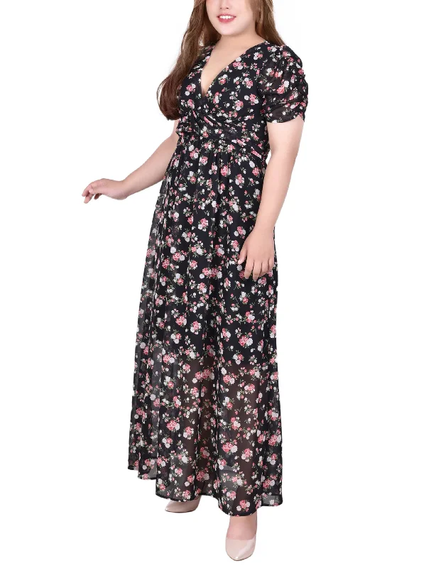 Plus Size Short Sleeve Rouched Bodice Chiffon Maxi Dress