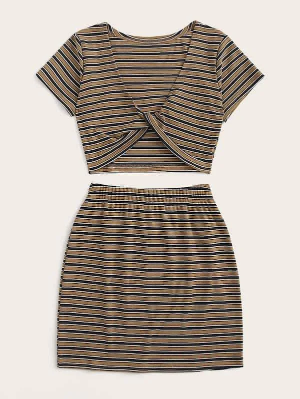 Plus Striped Twist Front Tee & Striped Skirt