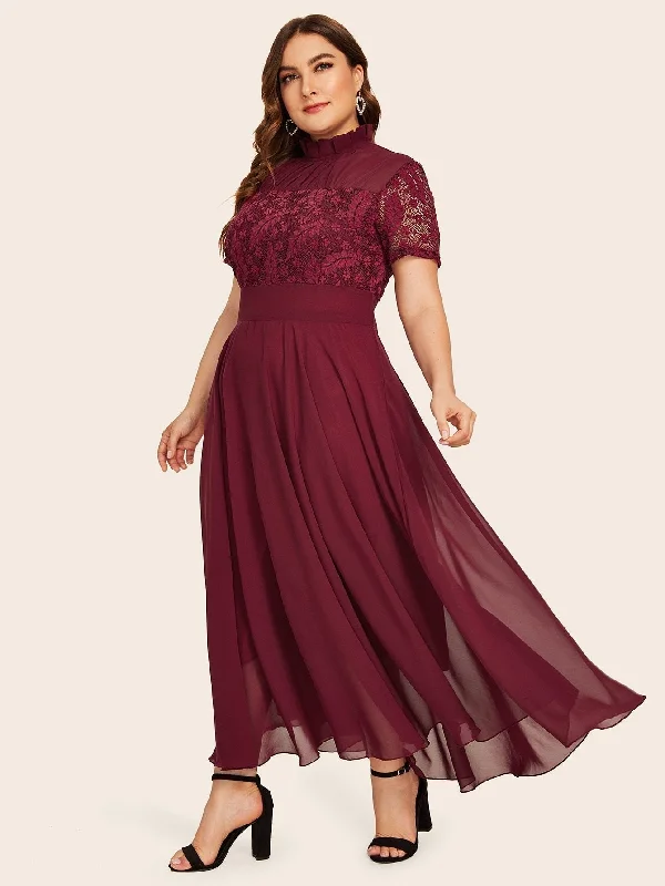 Plus Lace Panel Ruffle Neck Maxi Dress