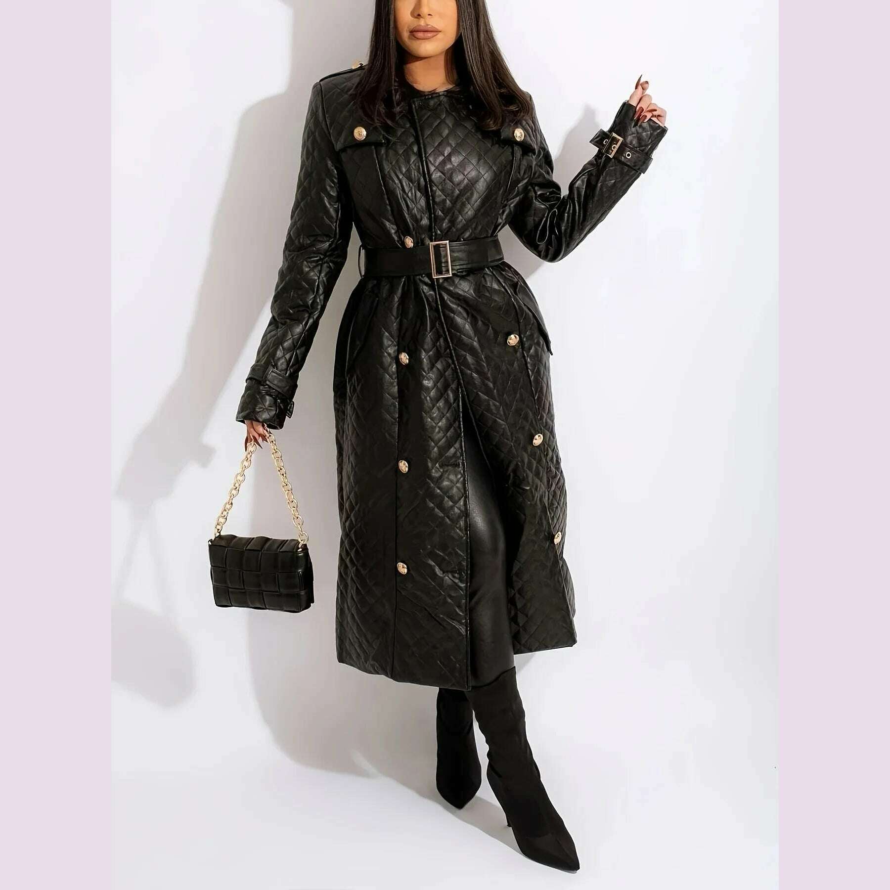 New Winter Luxury Design Double Breasted Black PU Leather Long Coats for Ladies Plus Size Quality Street Women Trench With Belt